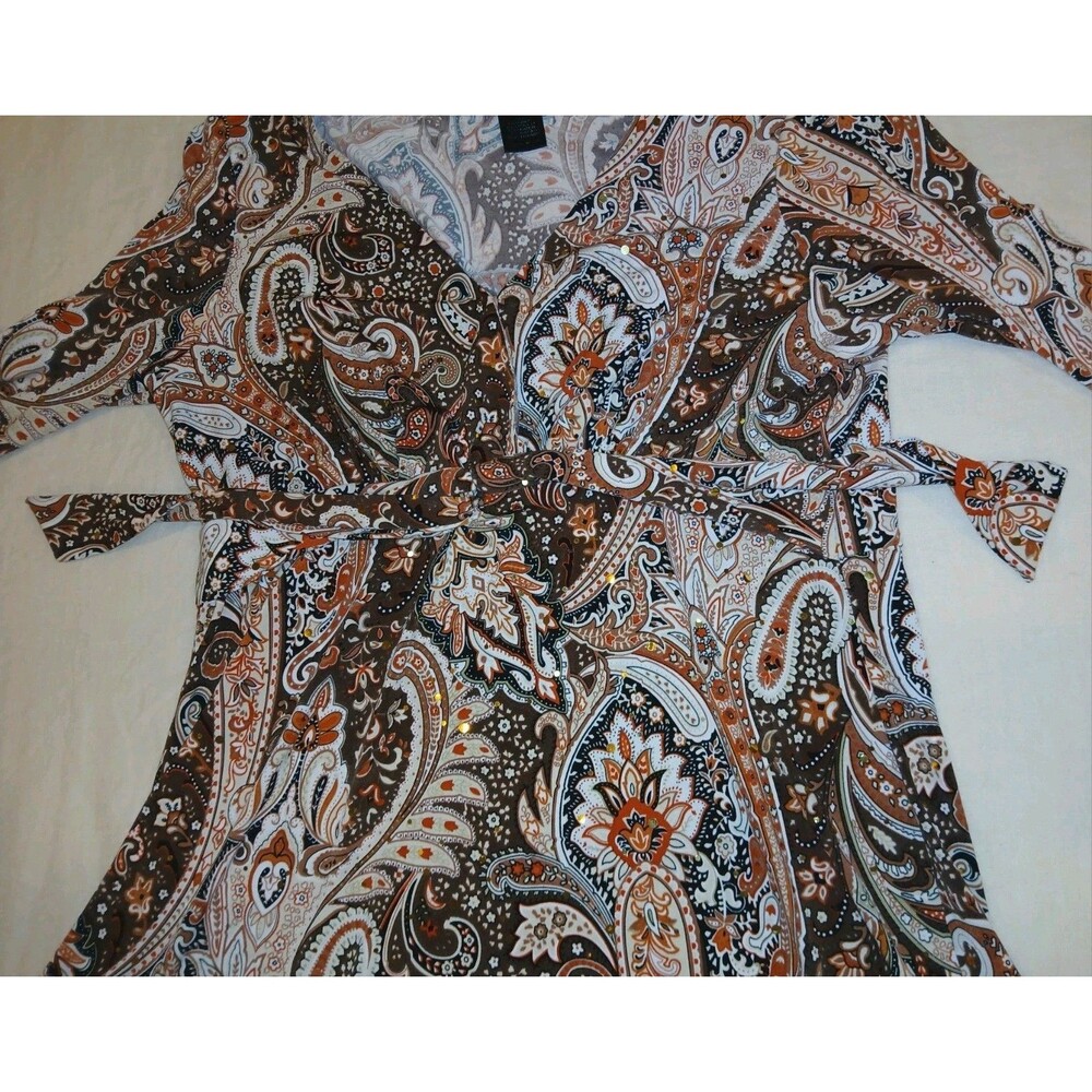 INC Boho Top Size M Paisley Sequins V-Neck Brown/Multi Hippie Fairy Cottage